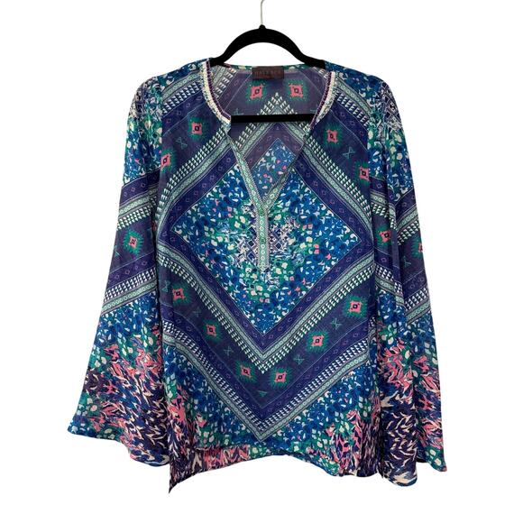 Hale Bob S 100% Silk Flowy Tunic Top $278 Beaded Button Collar Boho Blouse Blue - Picture 1 of 8